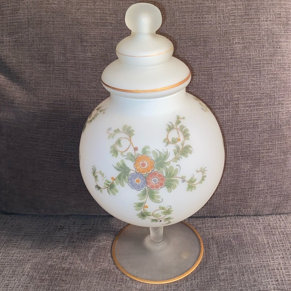 Vtg Frosted Satin Bristol Glass Pedestal Apothecary Globe Jar Handpainted Floral - Picture 2 of 8
